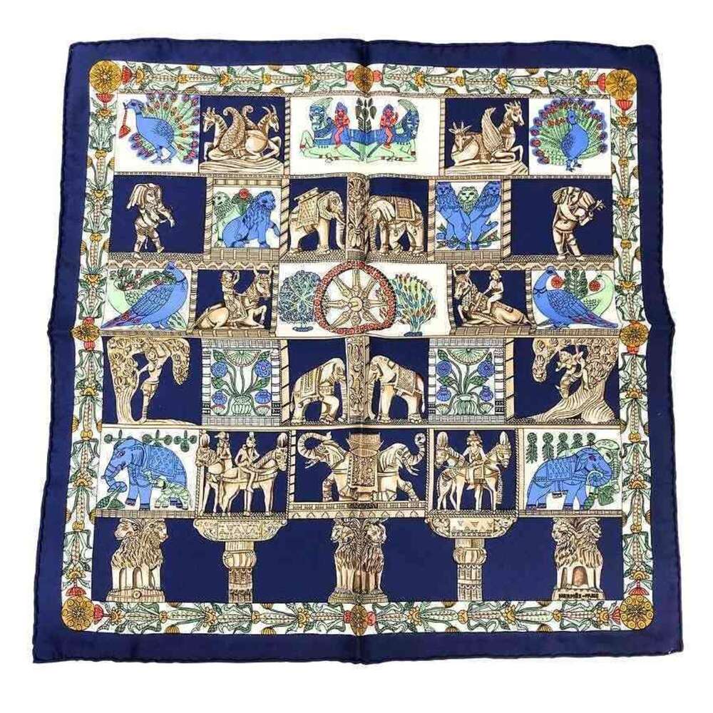 HERMES Carre 45 Scarf/Muffler, TORANA (Tower Gate) design, Navy, 100% Silk